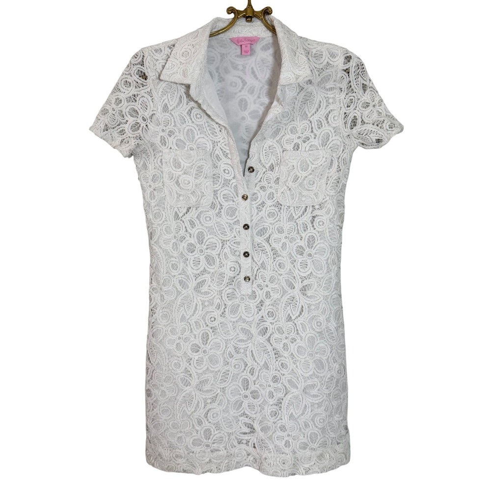 Lilly Pulitzer White Floral Lace Short Sleeve Shift Dress 28481 Womens 00